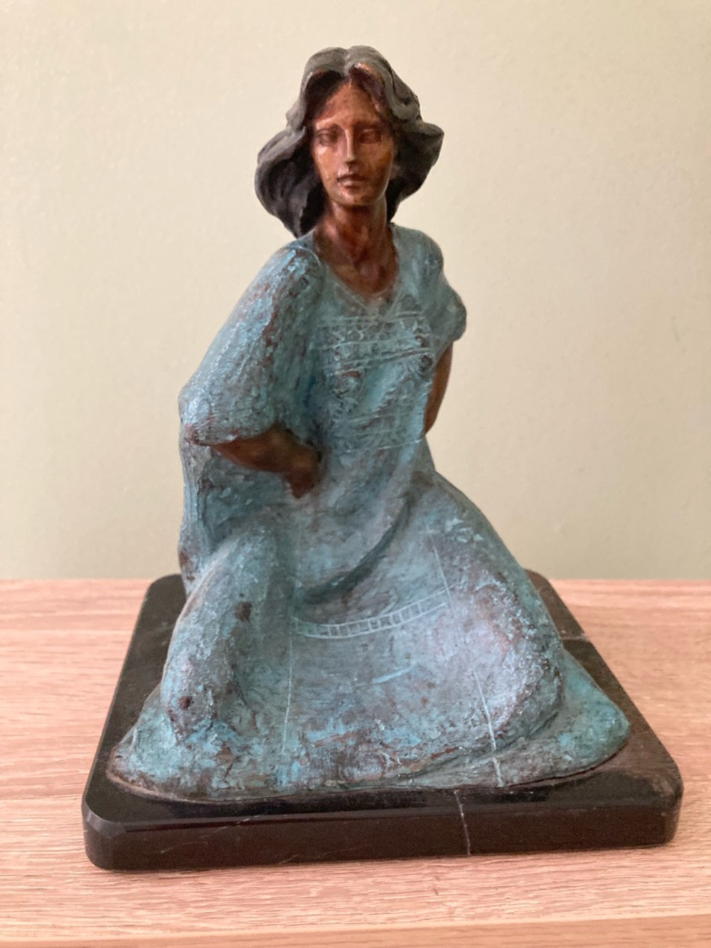 Seated Woman Sculpture in Turquoise Patina